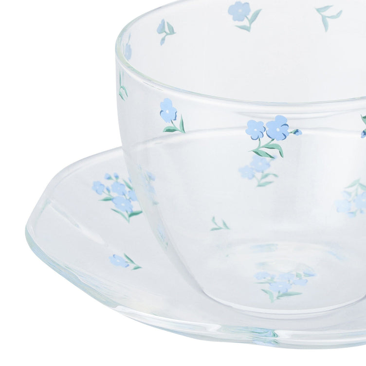 Flower Glass Cup & Saucer Blue