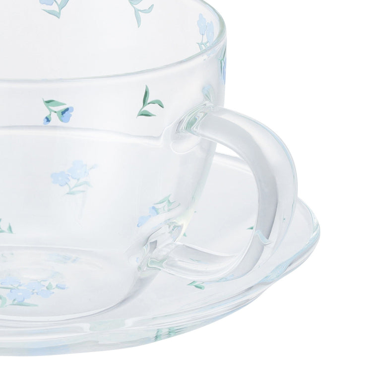 Flower Glass Cup & Saucer Blue