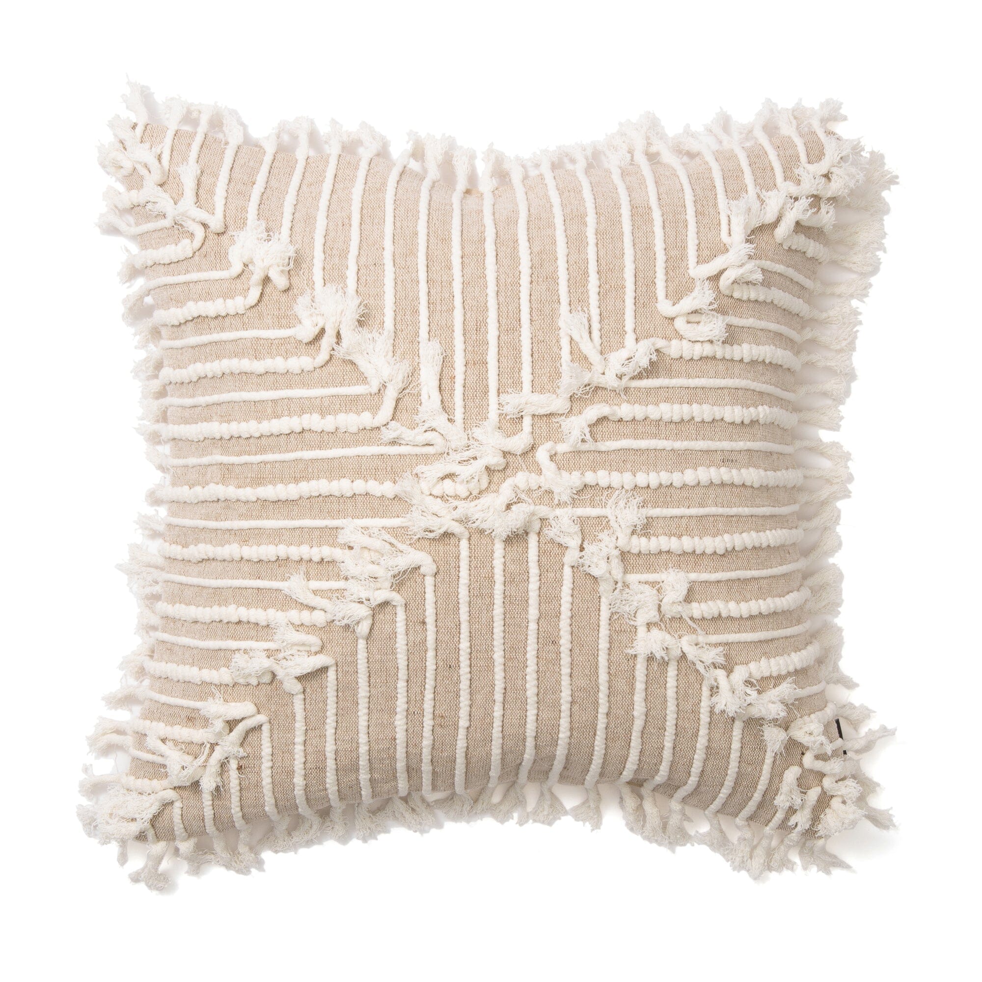 Square Fringe Line Cushion Cover 450X450 White X Natural