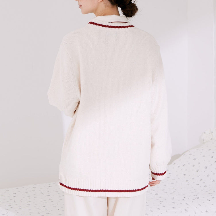 Heart Button Stripe Cardigan In Ivory