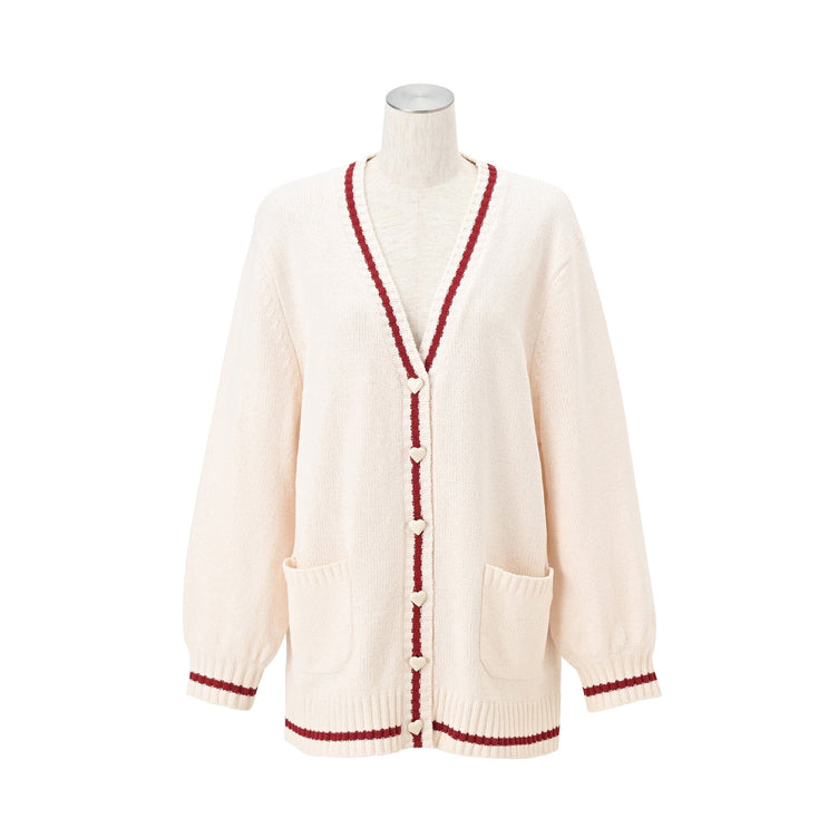 Heart Button Stripe Cardigan In Ivory