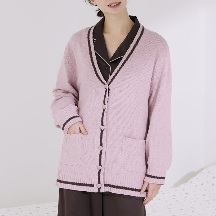 Heart Button Stripe Cardigan In Pink