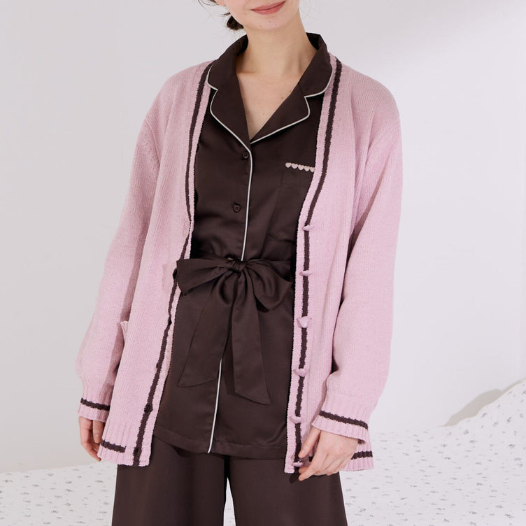 Heart Button Stripe Cardigan In Pink