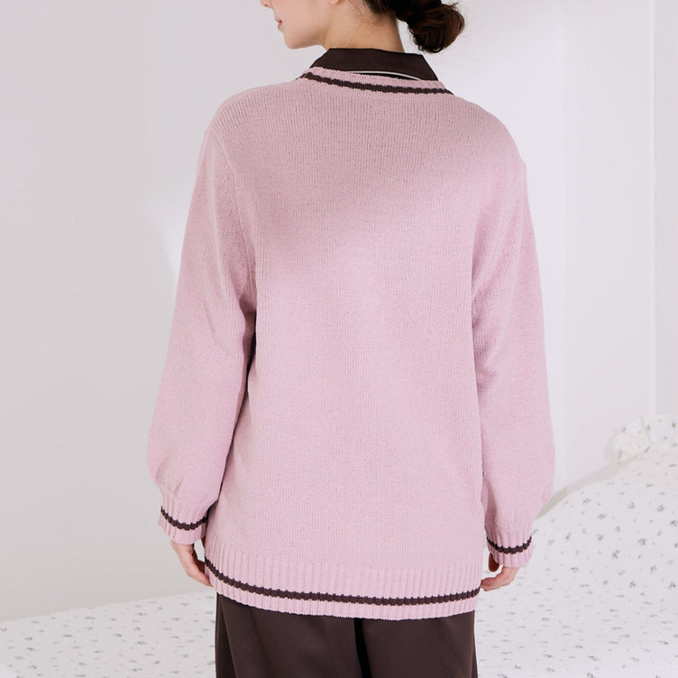 Heart Button Stripe Cardigan In Pink