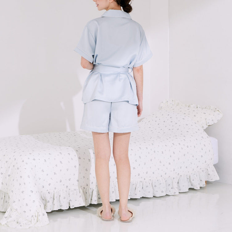 Hyaluronic Acid-Processed Short-Sleeve Shorts Pajamas With Embroidered Logo Light Blue