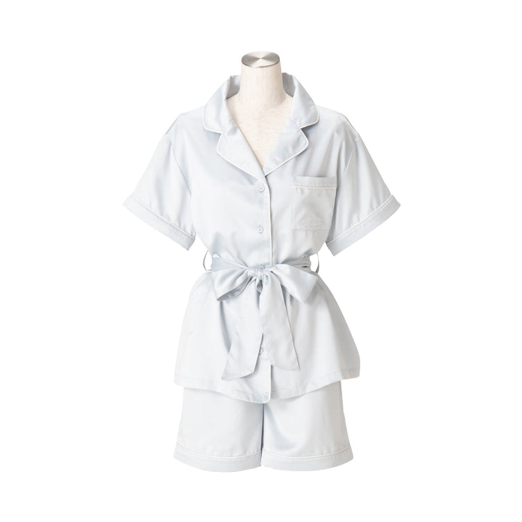 Hyaluronic Acid-Processed Short-Sleeve Shorts Pajamas With Embroidered Logo Light Blue