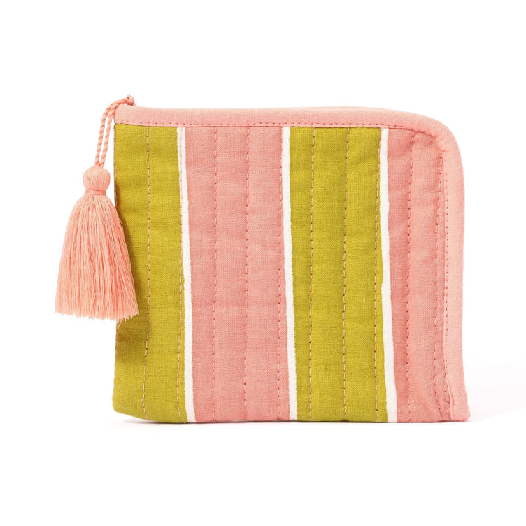 Block Print Mini Pouch Striped Green X Pink