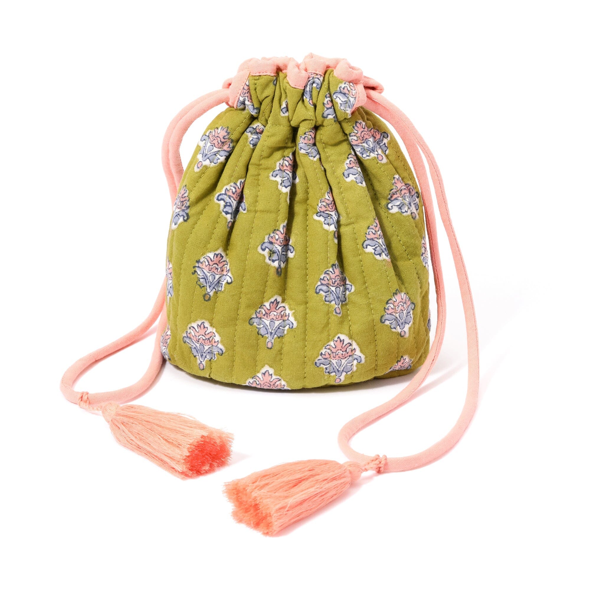 Block Print Drawstring Pouch Flower Green