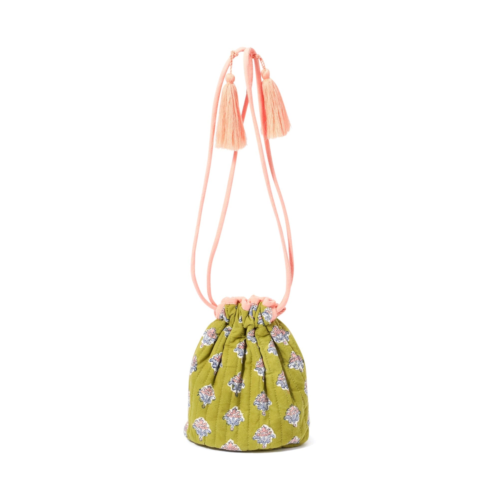 Block Print Drawstring Pouch Flower Green