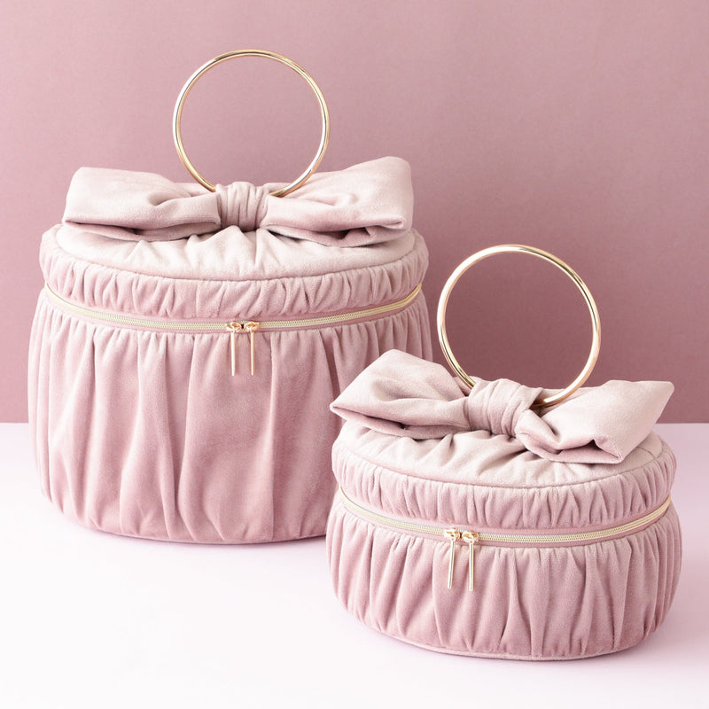 Velour Ribbon Vanity Pouch Small Pink