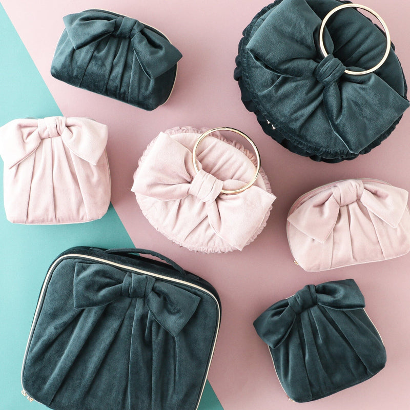 Velour Ribbon Makeup Bag Pink