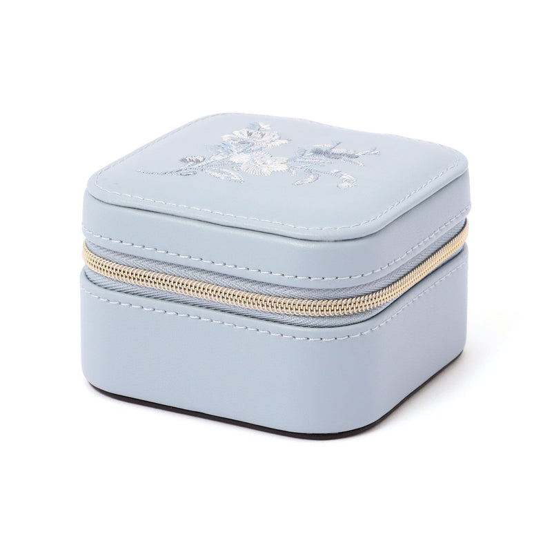 Embroidery Flower Travel Jewelry Box Small Blue