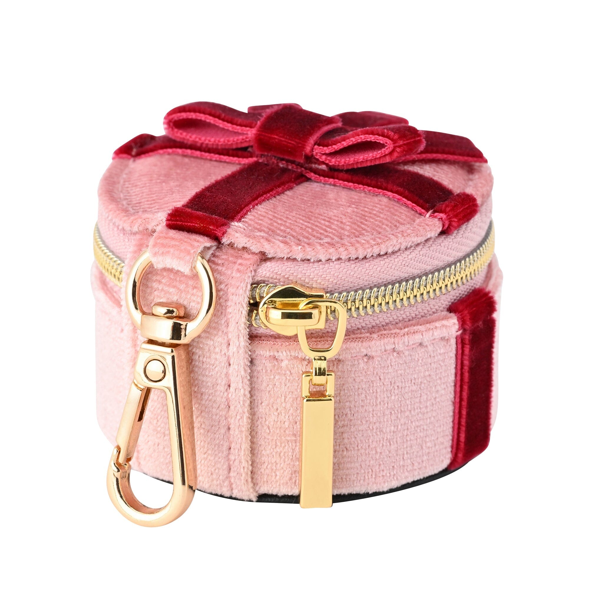 Velour Ribbon Mini Travel Jewelry Box Light Pink