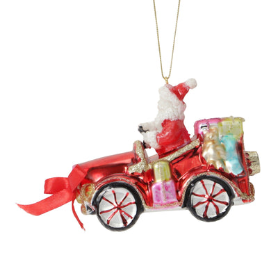 Glass Ornament Santa Car