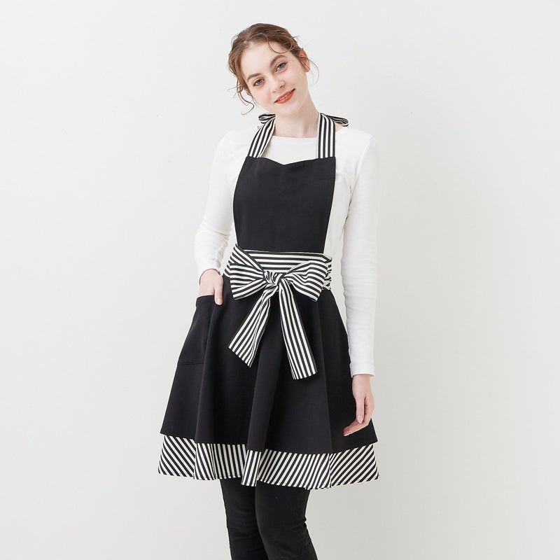 STRIPE RIBBON FULL APRON Black